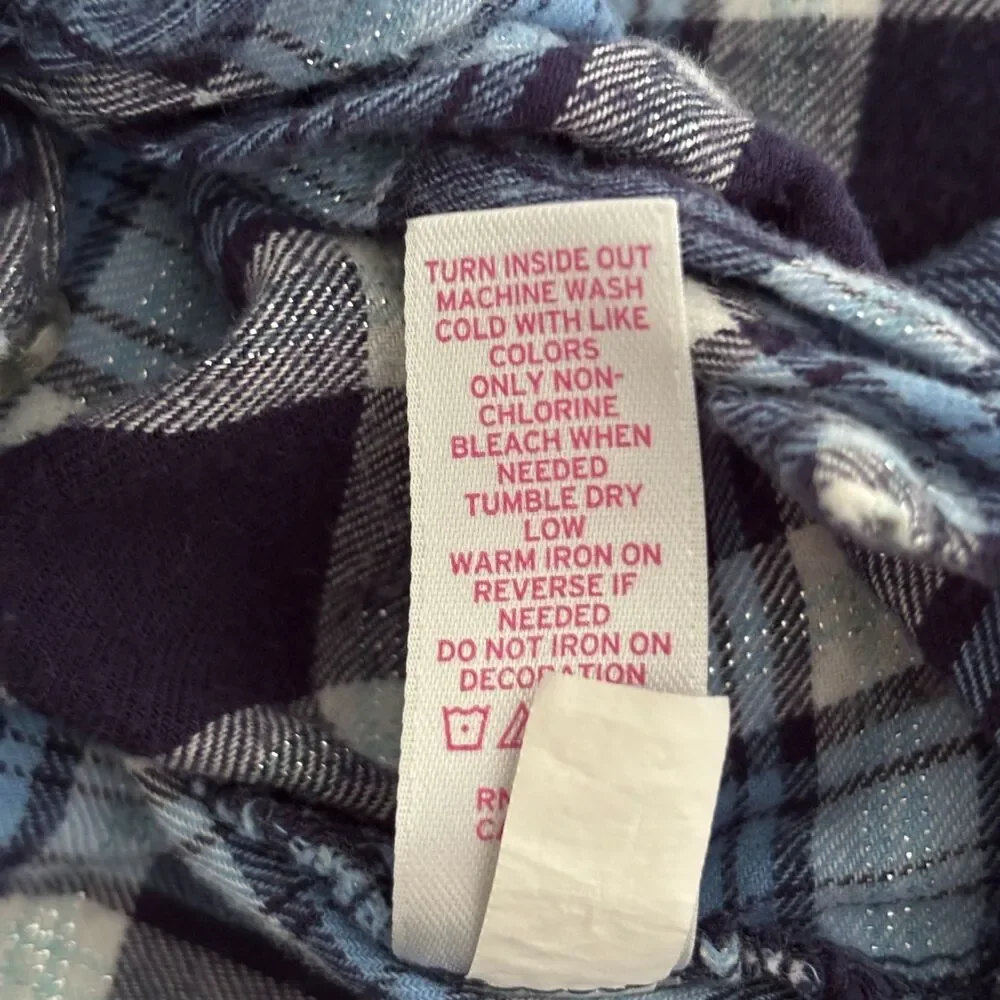 Justice Girls Sz 8 Blue Plaid Owl Sequin Roll Tab Button Front Flannel Shirt #14